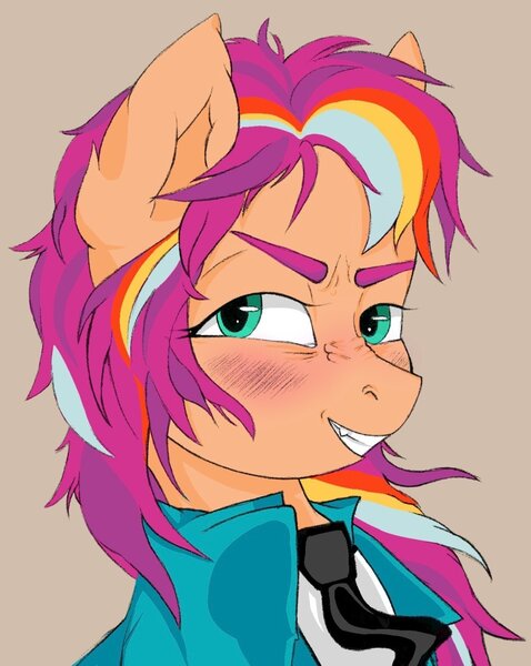Size: 1215x1524 | Tagged: safe, artist:gonnabemyday, derpibooru import, sunny starscout, earth pony, pony, blushing, clothes, cute, female, g5, grin, image, jpeg, mare, messy mane, necktie, shirt, smiling, solo, suit, sunnybetes