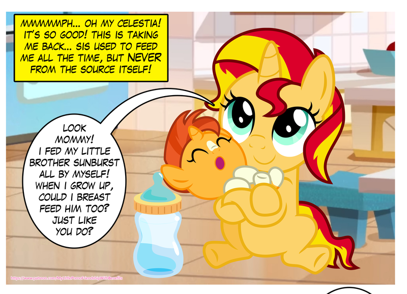 Size: 4066x2940 | Tagged: questionable, artist:melisareb nsfw edit, derpibooru import, edit, edited screencap, editor:wild stallions, screencap, sunburst, sunset shimmer, pony, unicorn, comic:the first incestuous foal of sunset shimmer, baby, baby bottle, baby pony, base used, brother and sister, carrying, childhood, childhood innocence, colt, colt sunburst, cute, duo, explicit source, female, filly, filly sunset shimmer, foal, headcanon, hnnng, image, implied breastfeeding, implied incest, implied sex, implied stellar flare, inkscape, kitchen, male, png, preview, shimmerbetes, siblings, simple background, sunbetes, sunny siblings, transparent background, vector, weapons-grade cute, young, younger