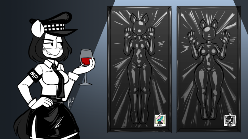 Size: 4533x2550 | Tagged: suggestive, artist:belaboy, derpibooru import, oc, oc:cid, oc:isabelle incraft, oc:selina rimaine, unofficial characters only, anthro, alcohol, bondage, bound, butt, clothes, disproportional anatomy, glass, huge butt, image, large butt, latex, png, skirt, tiny torso, vacuum bed, wine, wine glass