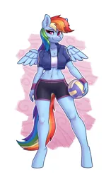 Size: 2208x3508 | Tagged: safe, artist:dandy, derpibooru import, rainbow dash, anthro, pegasus, unguligrade anthro, abs, athletic, ball, belly button, belly piercing, breasts, busty rainbow dash, clothes, ear piercing, female, high res, image, jersey, looking at you, midriff, piercing, png, shorts, smiling, smirk, solo, sports, sports bra, sports shorts, volleyball, wings