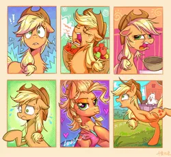 Size: 2048x1878 | Tagged: safe, artist:千雲九枭, derpibooru import, applejack, bird, chicken, earth pony, pony, applebuck season, applejack's "day" off, simple ways, alternate hairstyle, apple, applejewel, bipedal, bowl, bust, chest fluff, chicken dance, chickenjack, clothes, colored, cowboy hat, derp, faic, female, floppy ears, food, freckles, hat, heart, image, jpeg, mare, messy hair, scared, scene interpretation, silly, silly pony, stetson, surprised, tired, who's a silly pony, yawn