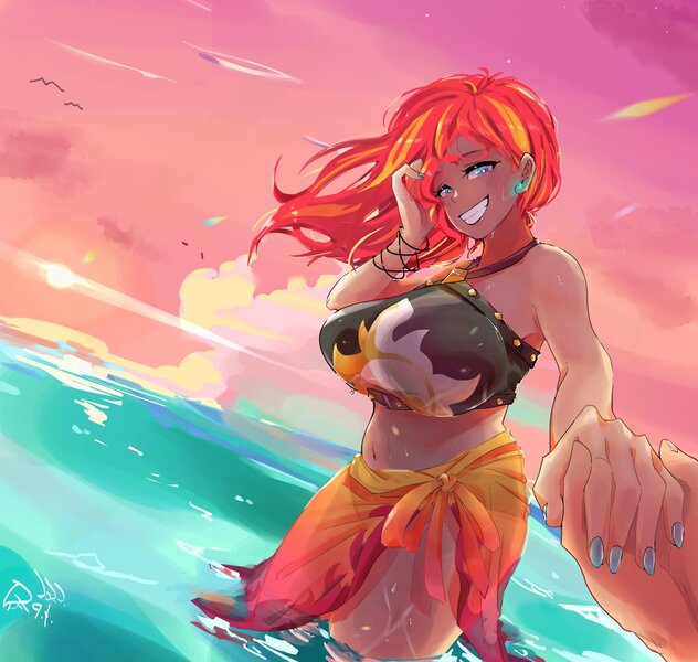 Size: 2000x1900 | Tagged: safe, artist:sozglitch, derpibooru import, sunset shimmer, oc, oc:generic messy hair anime anon, human, beach, big breasts, bikini, breasts, busty sunset shimmer, clothes, female, grin, holding hands, huge breasts, humanized, image, jpeg, male, male pov, nail polish, ocean, offscreen character, offscreen male, plump, pov, sarong, smiling, solo focus, sunset, swimsuit, water, wet, windswept hair