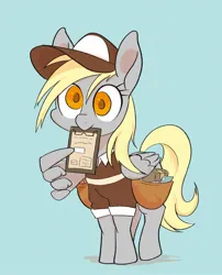 Size: 1585x1962 | Tagged: safe, artist:noupu, derpibooru import, derpy hooves, pegasus, pony, bag, blue background, clipboard, cute, derpabetes, hat, image, jpeg, mailbag, mailmare, mailmare uniform, mailpony, mouth hold, pointing, simple background, wing hands, wings