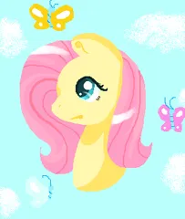 Size: 301x356 | Tagged: safe, artist:lindasaurie, derpibooru import, fluttershy, butterfly, insect, pony, bust, cloud, derpibooru exclusive, image, lineless, ms paint, png, shading, sky