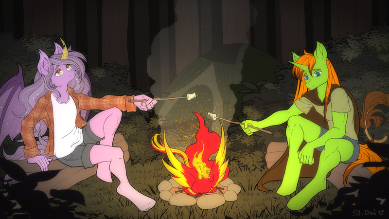 Size: 1280x720 | Tagged: safe, artist:pony straponi, derpibooru import, oc, oc:arc pyre, oc:nebula eclipse, oc:way right, unofficial characters only, anthro, bat pony, phoenix, unicorn, 16:9, bat pony oc, bat wings, campfire, colored, commission, flat colors, food, forest, horn, image, jpeg, marshmallow, night, tree, unicorn oc, wings