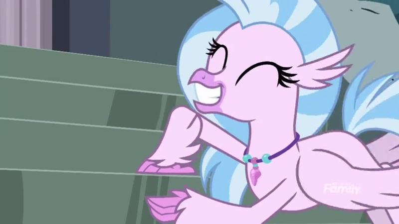 Size: 1248x702 | Tagged: safe, derpibooru import, screencap, silverstream, classical hippogriff, hippogriff, school daze, cute, diastreamies, eyes closed, grin, image, jewelry, necklace, png, smiling, solo, stairs, that hippogriff sure does love stairs