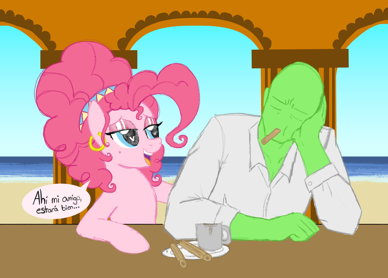 Size: 2204x1584 | Tagged: safe, artist:legendoflink, derpibooru import, pinkie pie, oc, oc:anon, earth pony, human, pony, alternate design, alternate hairstyle, beach, beauty mark, churros, clothes, comfort eating, comforting, dialogue, eating, food, hairband, hoof on back, image, latin, latin american, latina pinkie pie, ocean, outdoors, png, rubbing, shirt, simple background, water, wingding eyes