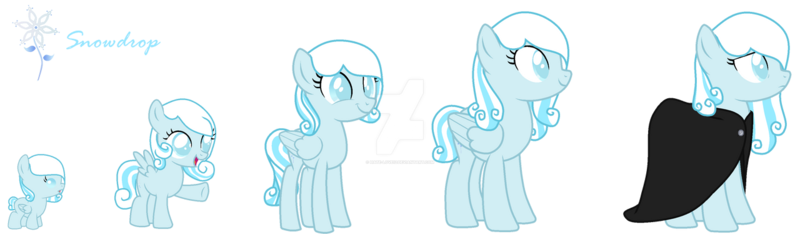 Size: 1280x374 | Tagged: safe, artist:hate-love12, derpibooru import, oc, oc:snowdrop, pony, age progression, cloak, clothes, deviantart watermark, female, filly, foal, image, mare, obtrusive watermark, png, simple background, solo, transparent background, watermark