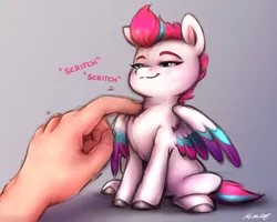 Size: 2698x2159 | Tagged: safe, artist:buttersprinkle, derpibooru import, zipp storm, pony, adorazipp, cute, fluffy, g5, hand, image, offscreen character, offscreen human, png, scratching, tiny, tiny ponies