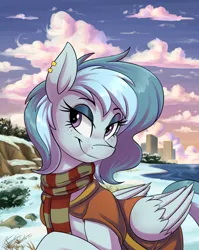 Size: 2950x3700 | Tagged: safe, artist:kaylerustone, derpibooru import, oc, unofficial characters only, pegasus, pony, background, building, clothes, cloud, female, grass, image, jpeg, looking at you, mare, ocean, piercing, scarf, scenery, shore, snow, water, winter