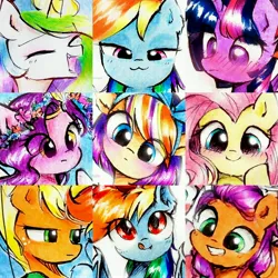Size: 5000x5000 | Tagged: safe, artist:liaaqila, derpibooru import, applejack, fluttershy, izzy moonbow, princess celestia, rainbow dash, sunny starscout, twilight sparkle, oc, oc:qilala, alicorn, earth pony, pegasus, pony, unicorn, :3, absurd resolution, cute, face your art, female, g4, g5, image, jpeg, looking at you, mare, open mouth, open smile, smiling, traditional art