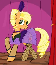 Size: 1253x1454 | Tagged: safe, artist:sallycars, derpibooru import, applejack, earth pony, pony, over a barrel, alternate hairstyle, applejack also dresses in style, clothes, clothes swap, dress, female, fishnets, freckles, image, looking at you, mare, ms paint, png, see-through, solo, style emulation