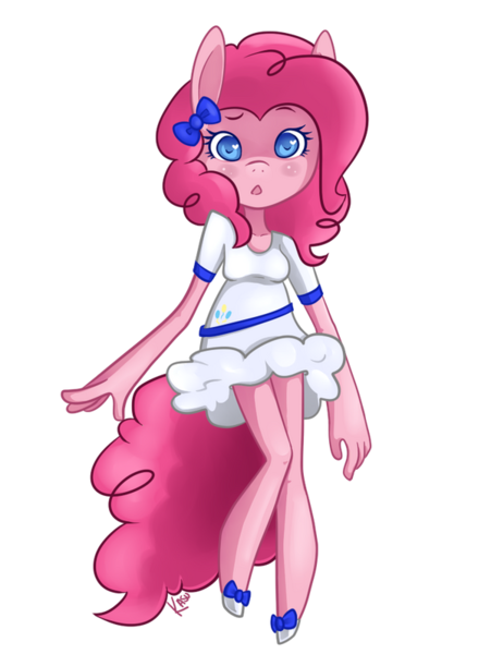Size: 600x798 | Tagged: safe, artist:kasukamachikyu, derpibooru import, pinkie pie, anthro, beautiful, bow, clothes, dress, hair bow, image, png, shoes, solo