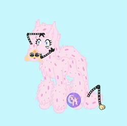 Size: 569x564 | Tagged: safe, artist:luna_mcboss, derpibooru import, fluffy pony, pony, blue background, chest fluff, cursed, cursed image, ear fluff, feathered fetlocks, fluffy, furby, image, leg fluff, long furby, pink coat, pink pony, png, polka dots, simple background, spots, watermark