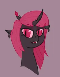 Size: 1218x1556 | Tagged: safe, artist:candyclop, derpibooru import, changeling queen oc, oc, oc:queen candy clop, changeling, changeling queen, bust, digital art, eyebrows, eyebrows visible through hair, eyelashes, eyeshadow, female, image, makeup, pink eyes, pink hair, png, portrait, simple background, solo