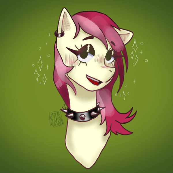 Size: 1000x1000 | Tagged: safe, artist:sizack, derpibooru import, roseluck, earth pony, pony, blushing, bust, choker, ear piercing, earring, eyebrows, eyebrows visible through hair, eyeshadow, female, image, jewelry, jpeg, lidded eyes, looking at you, makeup, open mouth, open smile, piercing, simple background, smiling, solo, solo female, sparkles, spiked choker