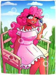 Size: 1800x2400 | Tagged: safe, artist:ashes-arts, artist:mylittleyuri, derpibooru import, pinkie pie, human, blushing, breasts, busty pinkie pie, candy, chair, choker, clothes, cloud, cute, dark skin, diapinkes, dress, elf ears, female, food, grass, humanized, image, jpeg, lollipop, one eye closed, open mouth, sky, solo, wink