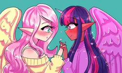 Size: 3000x1800 | Tagged: safe, artist:ashes-arts, artist:mylittleyuri, derpibooru import, fluttershy, twilight sparkle, human, alicorn humanization, blue background, clothes, cute, dark skin, duo, elf ears, female, heart, holding hands, horn, horned humanization, humanized, image, lesbian, looking at each other, looking at someone, png, shipping, shyabetes, simple background, sweater, sweatershy, twishy, winged humanization, wings
