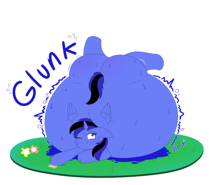 Size: 2800x2400 | Tagged: questionable, artist:hedgehogstew, derpibooru import, oc, oc:vani, alicorn, pony, alicorn oc, blueberry inflation, female, horn, image, inflation, mare, png, solo, wings