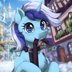 Size: 2000x2000 | Tagged: safe, artist:evomanaphy, derpibooru import, minuette, pony, unicorn, behaving like a dog, blue eyes, blue fur, blue mane, blurry background, chest fluff, collar, eye clipping through hair, eyebrows, eyebrows visible through hair, female, image, leash, looking at you, mare, mouth hold, png, solo