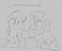 Size: 3000x2500 | Tagged: safe, artist:dtcx97, paywalled source, scootaloo, sweetie belle, pegasus, pony, unicorn, art pack:foaling around, blushing, dialogue, duo, duo female, embarrassed, english, female, filly, image, png, sitting, sketch