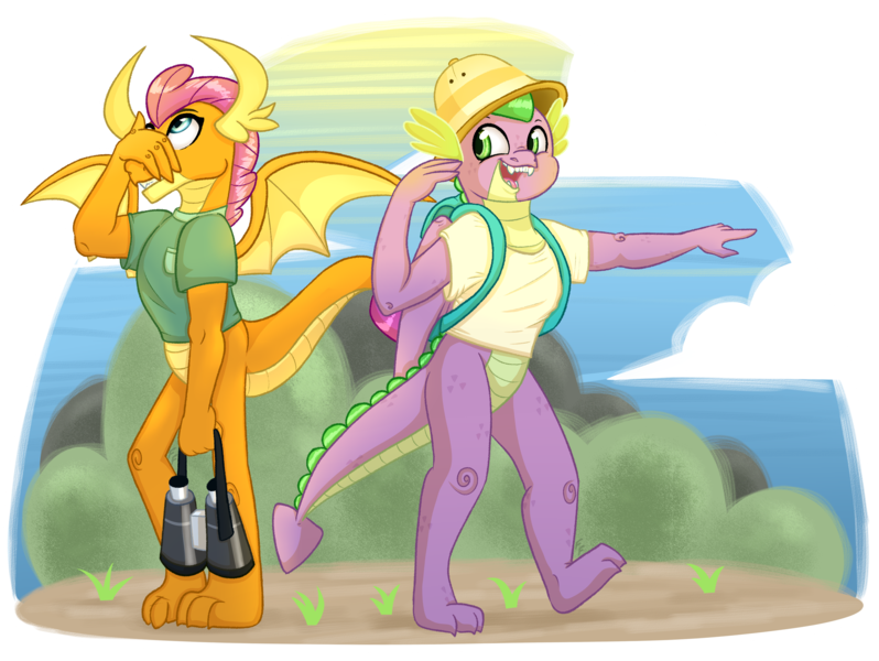 Size: 3873x2911 | Tagged: safe, artist:ponykittenboi, derpibooru import, smolder, spike, dragon, adventure, alternate design, annoyed, backpack, beckoning, binoculars, bush, clothes, cloud, cute, derpibooru exclusive, dragoness, excited, eyeroll, female, grass, hat, image, male, older, older smolder, older spike, open mouth, pith helmet, png, pointing, shirt, signature, simple background, sky, spread wings, teenage spike, teenaged dragon, teenager, teeth, transparent background, wings