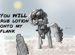 Size: 1467x1075 | Tagged: suggestive, artist:cosmonaut, paywalled source, cozy glow, human, pegasus, pony, art pack:foaling around, beach, black and white, clothes, female, female focus, grayscale, image, monochrome, older, older cozy glow, png, solo focus, sunscreen, swimsuit, teenager