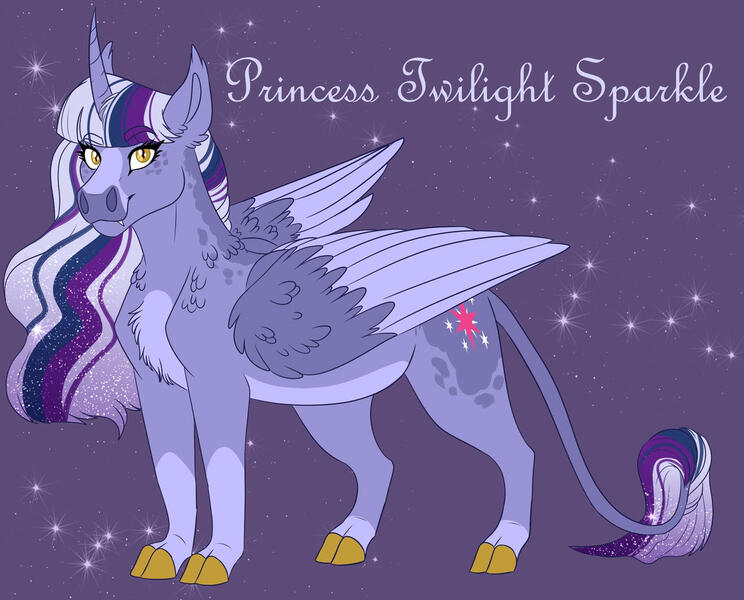 Size: 1280x1032 | Tagged: safe, artist:azerae, twilight sparkle, twilight sparkle (alicorn), alicorn, pony, chest fluff, cloven hooves, coat markings, colored hooves, colored wings, curved horn, ethereal mane, eyebrows visible through hair, facial markings, fangs, female, horn, image, jpeg, leonine tail, looking at you, mare, pale belly, redesign, slit eyes, socks (coat marking), solo, twitterina design, wings, yellow eyes