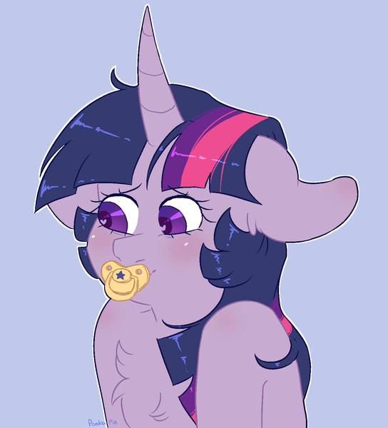 Size: 1338x1476 | Tagged: safe, artist:ponka-pie, derpibooru import, twilight sparkle, pony, unicorn, adult foal, blushing, chest fluff, derpibooru exclusive, female, fetish, floppy ears, heart, heart eyes, image, looking away, nervous, pacifier, png, simple background, smiling, solo, unicorn twilight, wingding eyes