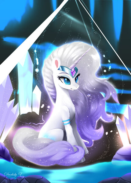 Size: 1789x2500 | Tagged: safe, artist:darksly, derpibooru import, rarity, pony, unicorn, crystal, female, g5 concept leaks, high res, image, jpeg, mare, rarity (g5 concept leak), sitting, solo