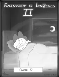 Size: 2550x3300 | Tagged: safe, artist:loreto-arts, derpibooru import, spike, comic:friendship is innuendo, comic:friendship is innuendo vol. 2, bed, image, monochrome, moon, png, solo