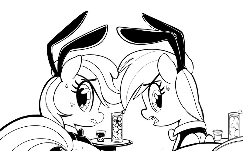 Size: 3133x1947 | Tagged: safe, artist:_ton618_, derpibooru import, applejack, rainbow dash, earth pony, pegasus, pony, black and white, bunny ears, bunny suit, clothes, drink, duo, female, grayscale, image, jpeg, looking at you, looking back, looking back at you, mare, monochrome, simple background, sweat, sweatdrop, white background, wip