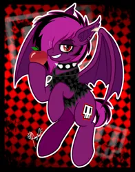 Size: 2100x2678 | Tagged: safe, artist:amgiwolf, derpibooru import, oc, oc:violet valium, unofficial characters only, bat pony, pony, apple, bat pony oc, bat wings, checkered background, clothes, collar, commission, ear piercing, emo, eyeliner, eyeshadow, female, flying, food, hoodie, image, looking at you, makeup, mare, piercing, png, solo, spiked collar, spread wings, torn clothes, torn ear, two toned mane, wings