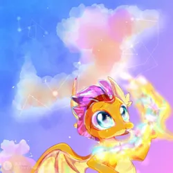 Size: 1000x1000 | Tagged: artist needed, safe, derpibooru import, open skies, smolder, dragon, beautiful, cloud, colorful, colorful fire, eye reflection, fire, glow, image, jpeg, male, reflection, sky, stars, teenager, tomboy