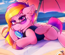 Size: 4000x3400 | Tagged: safe, artist:legionsunite, derpibooru import, oc, oc:velvet volt, pegasus, pony, beach, beach ball, clothes, food, image, looking at you, lying down, one-piece swimsuit, png, popsicle, sunglasses, sunscreen, swimsuit, umbrella