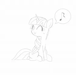 Size: 2048x2048 | Tagged: safe, artist:tiga mega, derpibooru import, twilight sparkle, twilight sparkle (alicorn), alicorn, pony, ^^, black and white, eyes closed, female, folded wings, grayscale, horn, image, jpeg, mare, missing cutie mark, monochrome, music notes, simple background, sitting, smiling, solo, speech bubble, white background, wings