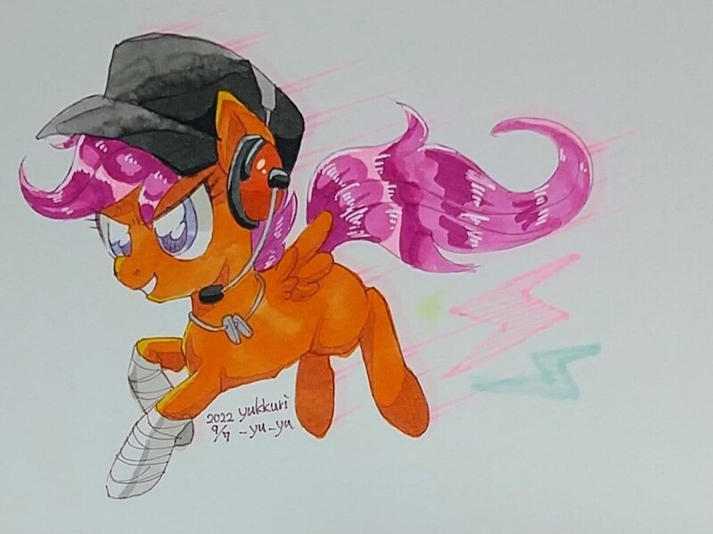 Size: 1230x921 | Tagged: safe, artist:yukkuri_yu_yu, derpibooru import, scootaloo, pegasus, pony, bandage, female, filly, foal, hat, image, jpeg, scout, scoutaloo, solo, traditional art, wings