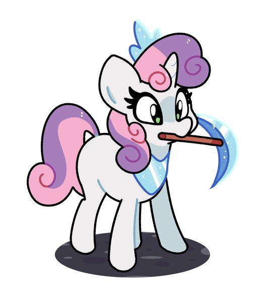 Size: 2710x3054 | Tagged: safe, artist:kindakismet, derpibooru import, sweetie belle, pony, unicorn, blank flank, diamond, diamond pickaxe, female, filly, foal, horn, image, jpeg, minecraft, mouth hold, pickaxe, simple background, solo, white background