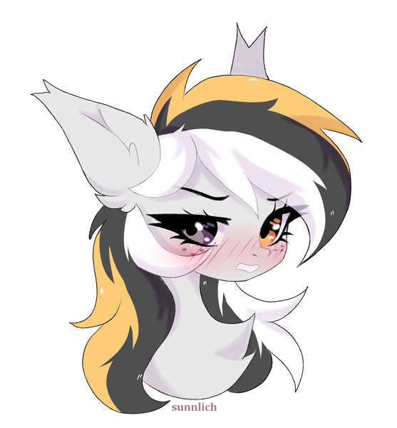 Size: 1478x1592 | Tagged: safe, artist:sunnlich, derpibooru import, oc, oc:storm cloud river's, unofficial characters only, pegasus, pony, blushing, bust, chest fluff, cute, ear fluff, female, freckles, heterochromia, image, looking at you, mare, multicolored mane, pegasus oc, png, portrait, simple background, solo, tsundere, white background, wings