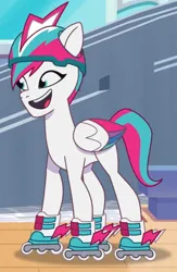 Size: 1254x1920 | Tagged: safe, derpibooru import, screencap, zipp storm, my little pony: tell your tale, spoiler:g5, spoiler:my little pony: tell your tale, cropped, g5, helmet, image, jpeg, pony partay, roller skates, rollerblades