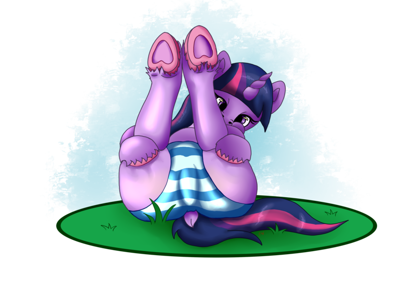Size: 4093x2894 | Tagged: suggestive, artist:palettenight, derpibooru import, twilight sparkle, alicorn, pony, unicorn, butt, clothes, grass, holding legs, hooves, image, looking at you, lying down, on back, pants, png, solo, tail
