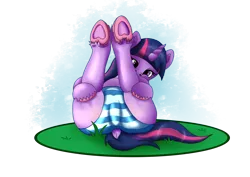 Size: 4093x2894 | Tagged: suggestive, artist:palettenight, derpibooru import, twilight sparkle, alicorn, pony, unicorn, butt, clothes, grass, holding legs, hooves, image, looking at you, lying down, on back, pants, png, solo, tail