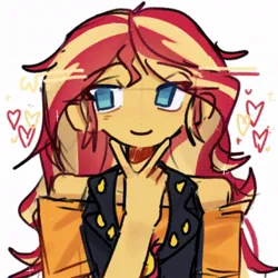 Size: 1080x1080 | Tagged: safe, artist:ulee_7, derpibooru import, sunset shimmer, equestria girls, bust, clothes, eye clipping through hair, female, heart, image, jpeg, simple background, smiling, solo, white background