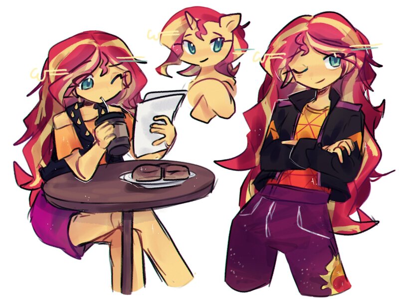 Size: 2048x1536 | Tagged: safe, artist:ulee_7, derpibooru import, sunset shimmer, pony, unicorn, equestria girls, bare shoulders, bust, clothes, crossed arms, drink, drinking, drinking straw, eye clipping through hair, female, food, horn, image, jpeg, looking at something, mare, one eye closed, paper, plate, simple background, sitting, table, white background