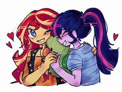 Size: 2248x1686 | Tagged: safe, artist:ulee_7, derpibooru import, sci-twi, sunset shimmer, twilight sparkle, bird, parakeet, parrot, equestria girls, bust, clothes, duo, duo female, female, glasses, heart, hug, image, jpeg, lesbian, one eye closed, plushie, scitwishimmer, shipping, simple background, smiling, sunsetsparkle, white background