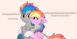 Size: 2454x1236 | Tagged: safe, artist:little-sketches, derpibooru import, oc, oc:aurora codec, oc:pixel codec, unofficial characters only, pegasus, pony, chest fluff, colored wings, dialogue, father and child, father and daughter, female, folded wings, gradient hooves, hug, image, male, mare, multicolored hair, pegasus oc, png, rainbow hair, stallion, text, wings