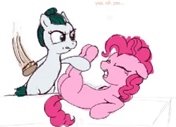 Size: 534x387 | Tagged: safe, artist:rusticanon, derpibooru import, cloudy quartz, pinkie pie, earth pony, pony, angry, brush, crying, duo, eyes closed, female, hairbrush, image, lying down, mare, mother and child, mother and daughter, on back, png, punishment, screaming, simple background, spanking, tears of pain, text, traditional art, white background