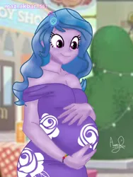 Size: 768x1024 | Tagged: safe, artist:mazakbar567, derpibooru import, edit, izzy moonbow, human, equestria girls, my little pony: a new generation, clothes, dress, g5, humanized, image, png, pregnant, purple eyes, smiling, solo