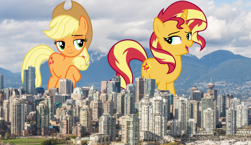 Size: 2600x1500 | Tagged: safe, artist:cloudyglow, artist:famousmari5, artist:theotterpony, derpibooru import, applejack, sunset shimmer, earth pony, pony, unicorn, applejack's hat, building, canada, city, cloud, cowboy hat, cutie mark, duo, female, freckles, giant pony, giantess, hat, high res, highrise ponies, image, irl, jpeg, macro, mare, open mouth, photo, ponies in real life, skyscraper, stetson, story in the source, story included