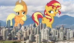 Size: 2600x1500 | Tagged: safe, artist:cloudyglow, artist:famousmari5, artist:theotterpony, derpibooru import, applejack, sunset shimmer, earth pony, pony, unicorn, applejack's hat, building, canada, city, cloud, cowboy hat, cutie mark, duo, female, freckles, giant pony, giantess, hat, high res, highrise ponies, image, irl, jpeg, macro, mare, open mouth, photo, ponies in real life, skyscraper, stetson, story in the source, story included